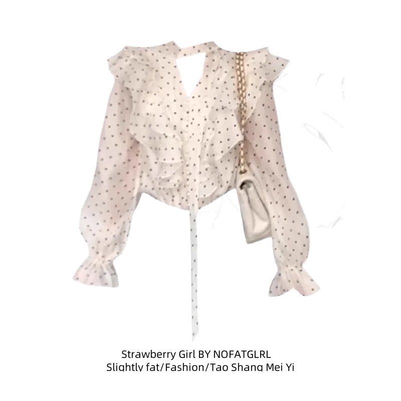 大码法式气质荷叶边波点衬衫