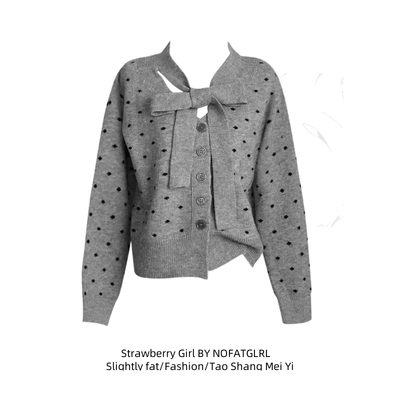 蝴蝶结灰色波点针织开衫圣诞毛衣