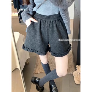 通勤简约绝美短裤 大码 女秋冬新品 复古甜酷高级感毛呢短裤 胖mm美式