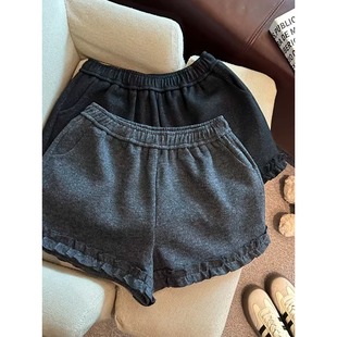 女装 高腰百搭裤 韩系减龄设计感木耳花边毛呢短裤 新品 子 女冬季 大码