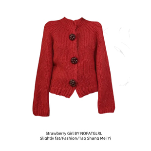 大码胖妹妹小香风圣诞氛围感红色毛衣外套女秋冬针织开衫新年战袍