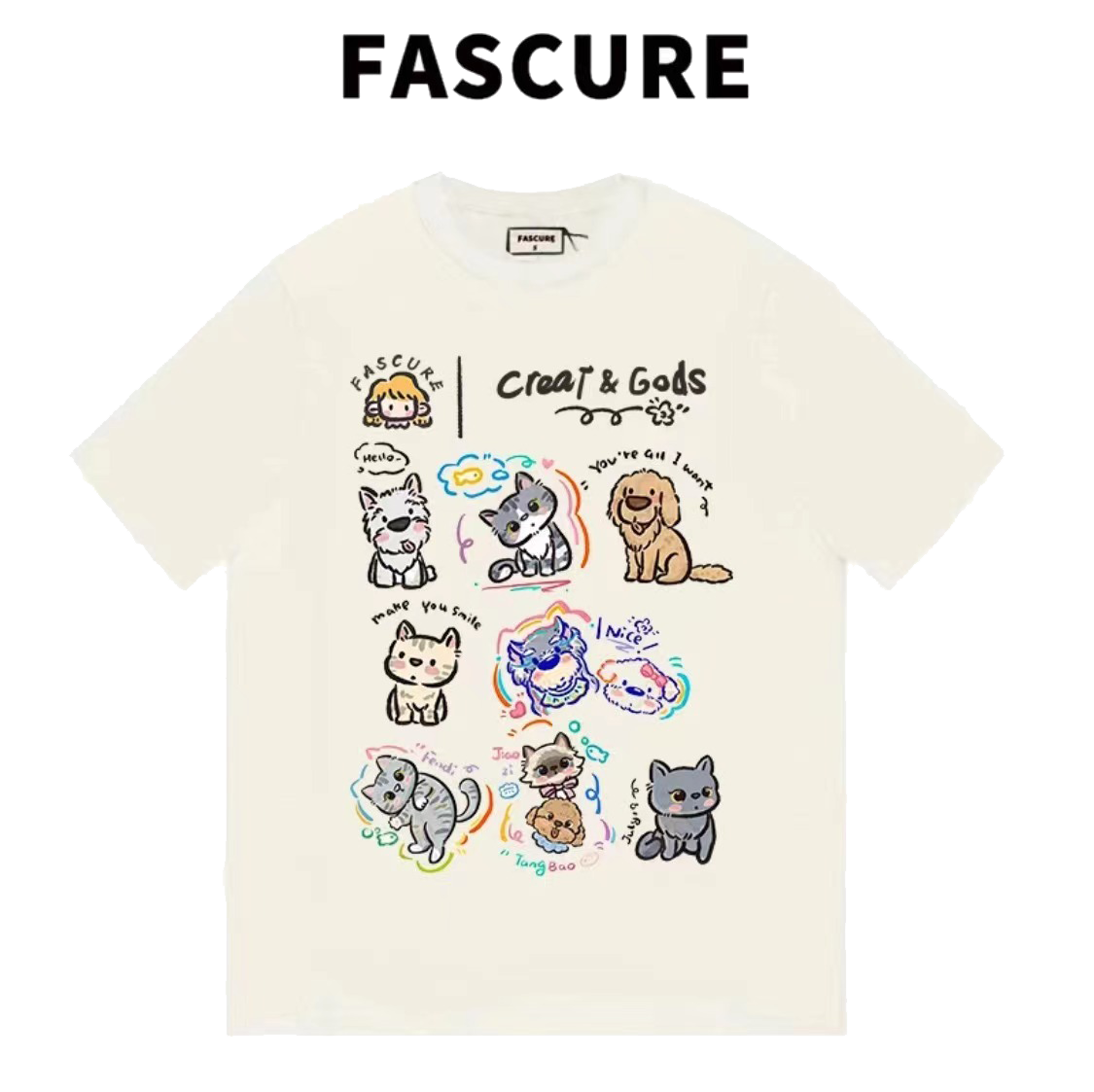 FASCURE卡通狗猫直喷工艺ovesizeT恤纯棉圆领短袖春季新款宽松