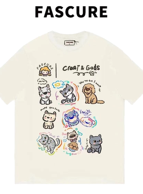 FASCURE卡通狗猫直喷工艺ovesizeT恤纯棉圆领短袖春季新款宽松