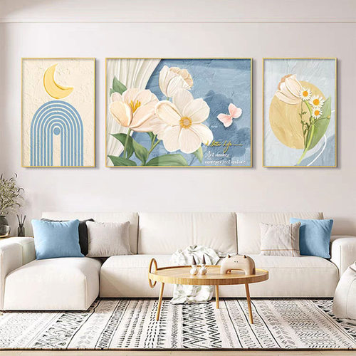 花卉植物壁画现代简约客厅装饰画小清新沙发背景墙挂画轻奢三联画