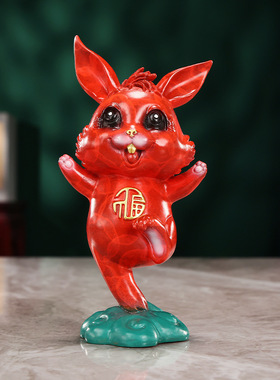 黄铜兔子摆件彩绘红色兔子可爱福兔客厅桌面装饰小兔子摆件工艺品