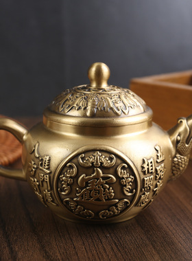 黄铜复古创意小茶壶摆件办公室家居招财五福茶壶纯铜金属工艺品