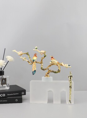 新中式珐琅彩高档金属喜上眉梢水晶摆件客厅卧室玄关软装家居饰品