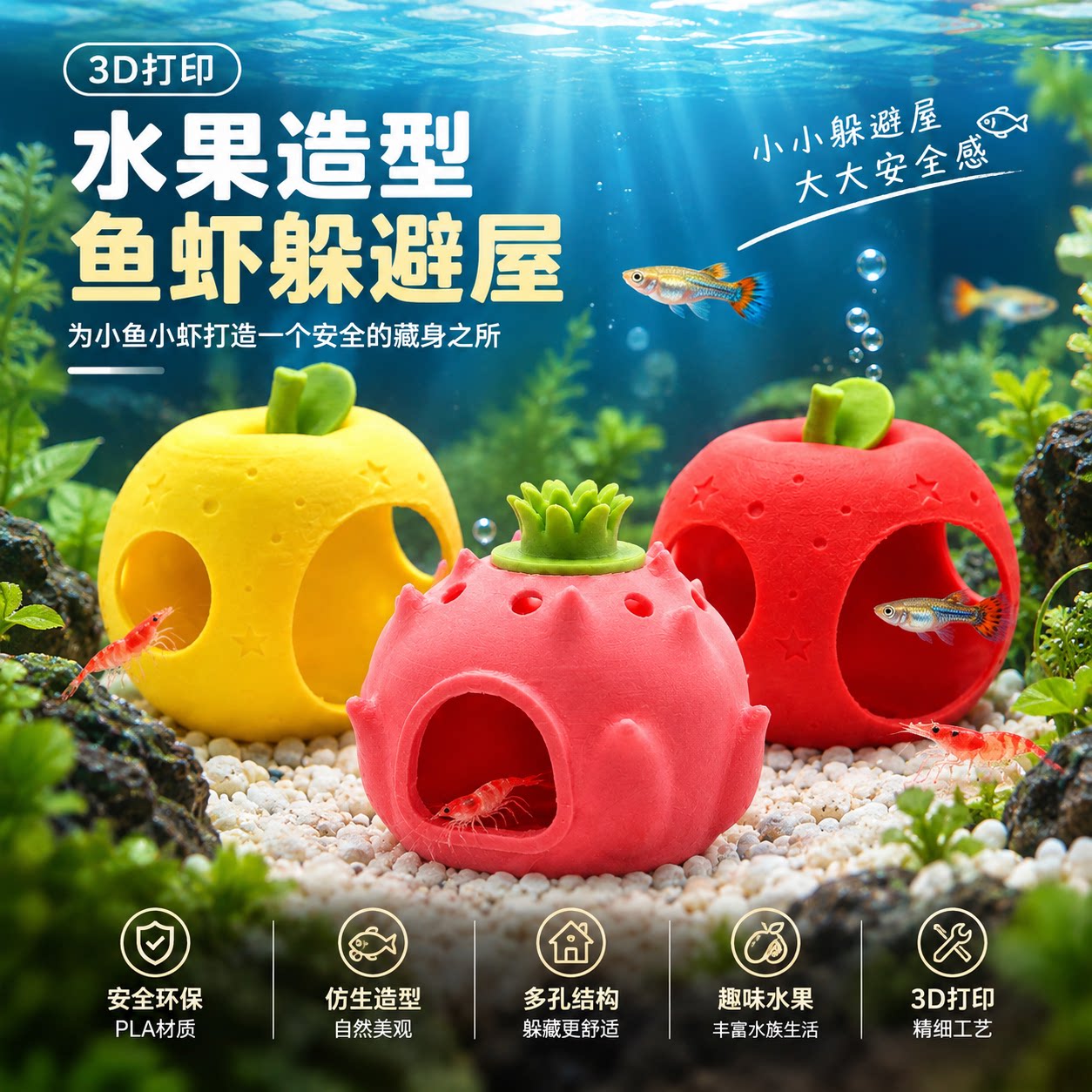 趣味水果造型鱼虾躲避屋3D打印多孔安全环保造景水下鱼缸创意装饰