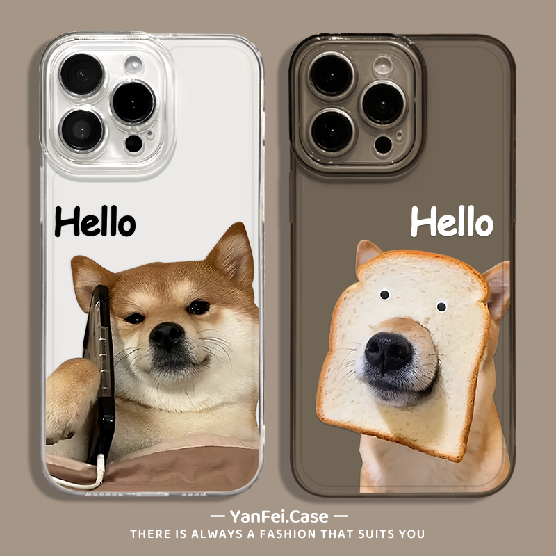 面包狗打电话柴犬透明透黑手机壳