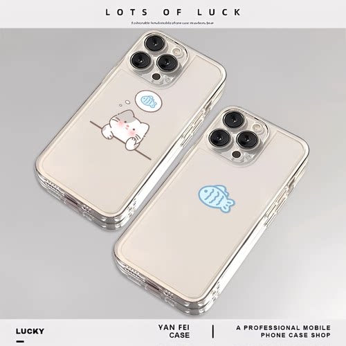 猫咪小鱼适用苹果15手机壳iphone13promax情侣k70华为pura80pro新款红米k80至尊版17小米14华为mate60透明16
