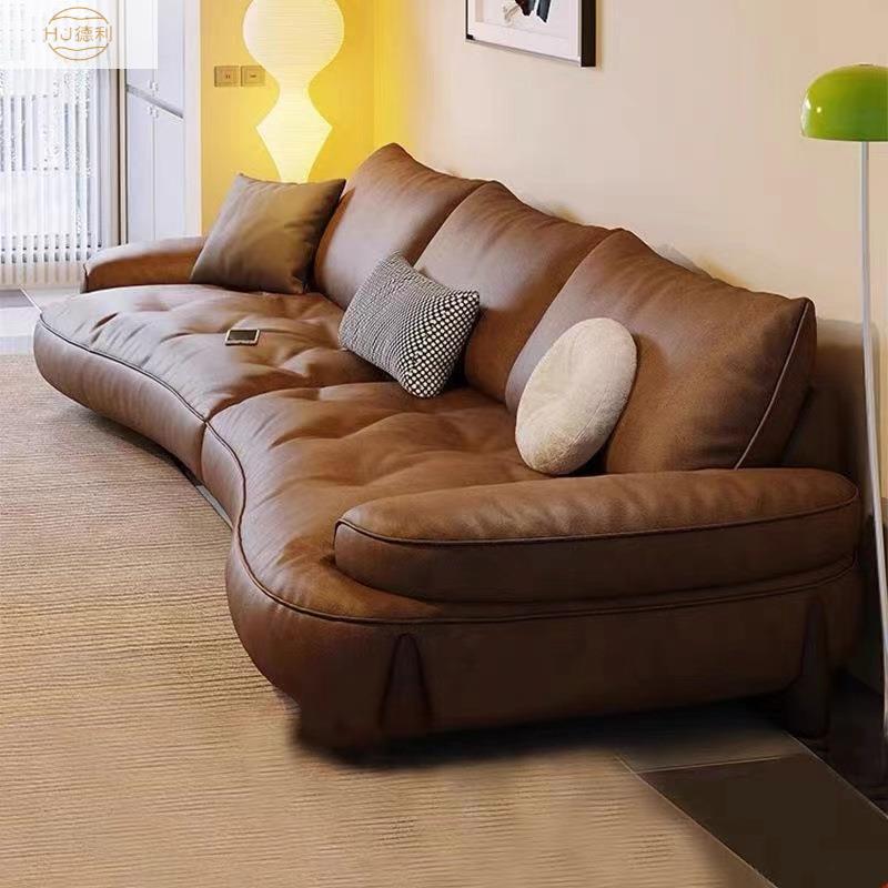 意式极简弧形真皮沙发大小户型客厅三人位简约弧形高档真皮沙发