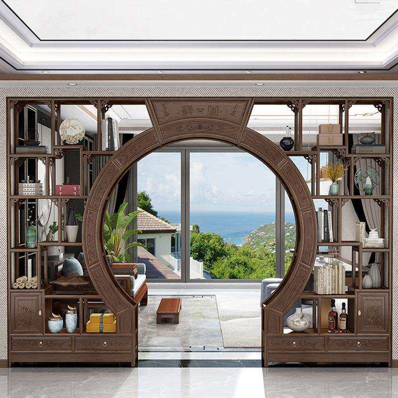 中式实木博古架月洞门多宝阁弧形圆门月亮门客厅隔断菠萝格木家具