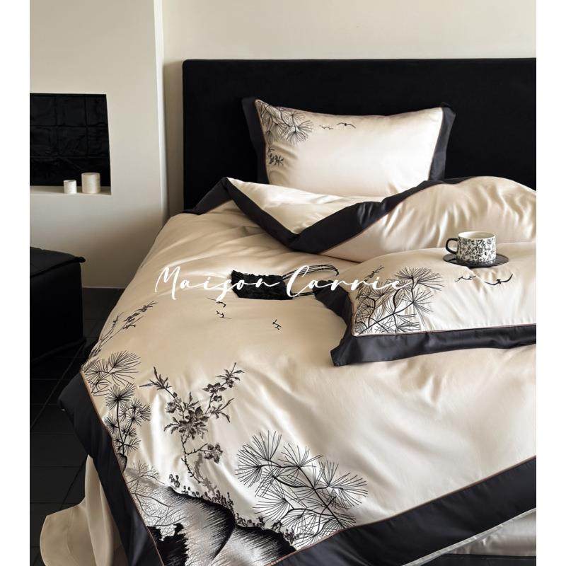 落山风幽轻中式长绒棉贡缎床上四件套高端刺绣被套床单