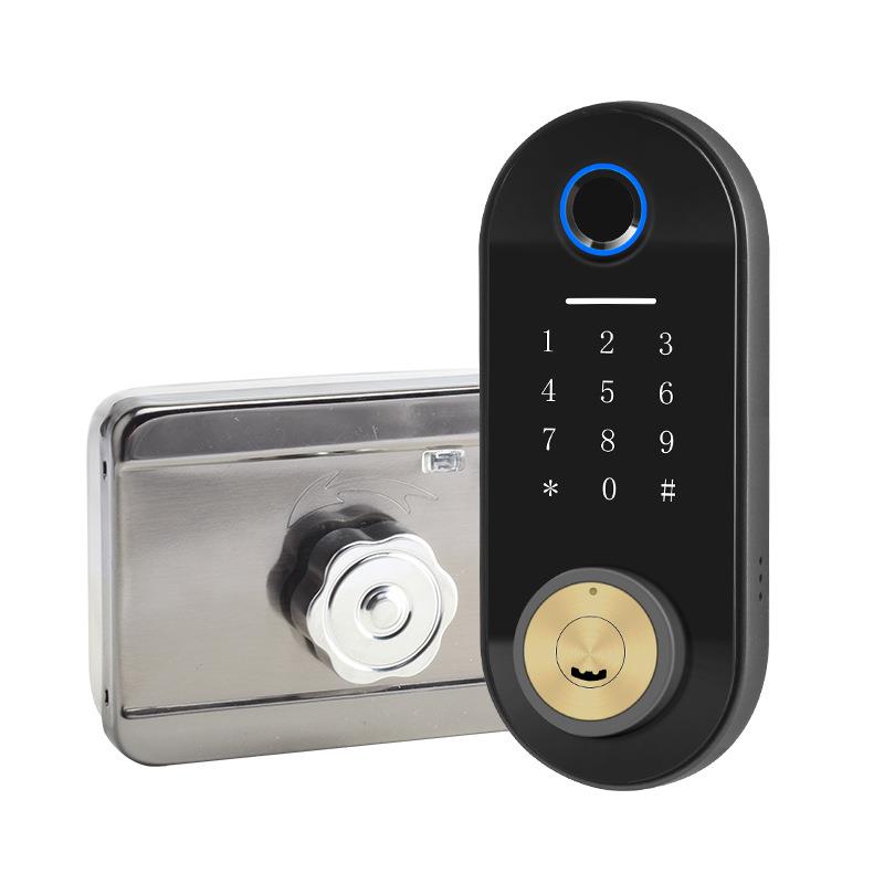 智能家用门禁免布线指纹密码小程序遥控防盗门铁门木门牛头锁