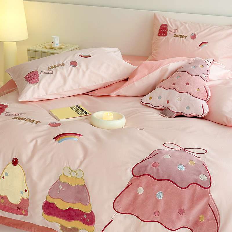 100支全棉长绒棉儿童四件套纯棉女孩被单三件套粉色卡通床上用品4