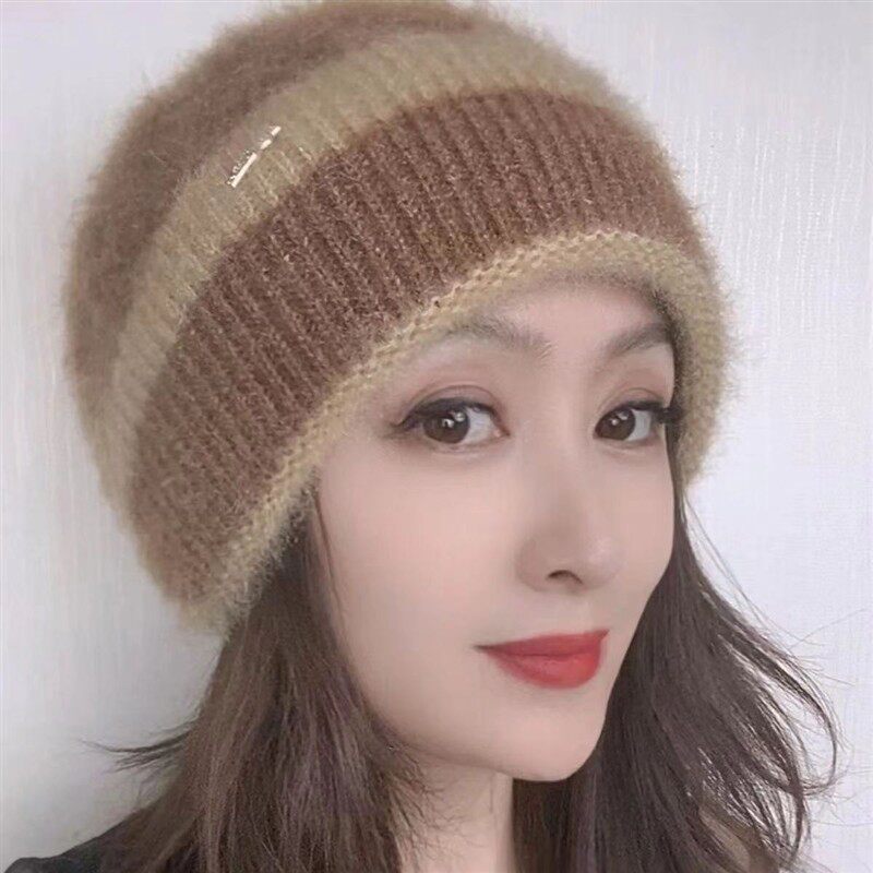 2024冬季新款针织时尚百搭撞色条纹蓓蕾女帽双层加厚保暖舒适柔软