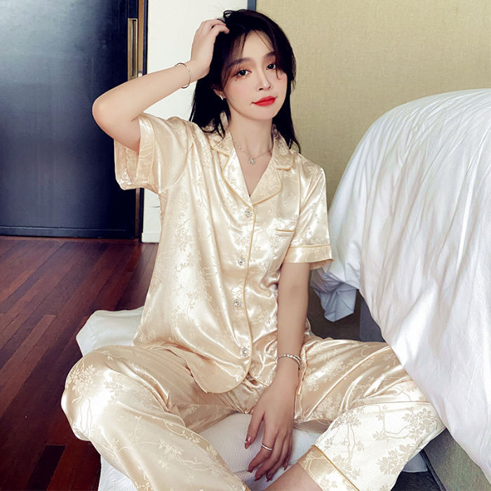 新款冰丝睡衣女春夏季短袖长裤可