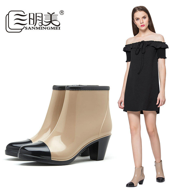 三明美侧拉链时尚雨靴女防滑高跟雨鞋女短筒水靴防水鞋套鞋1613