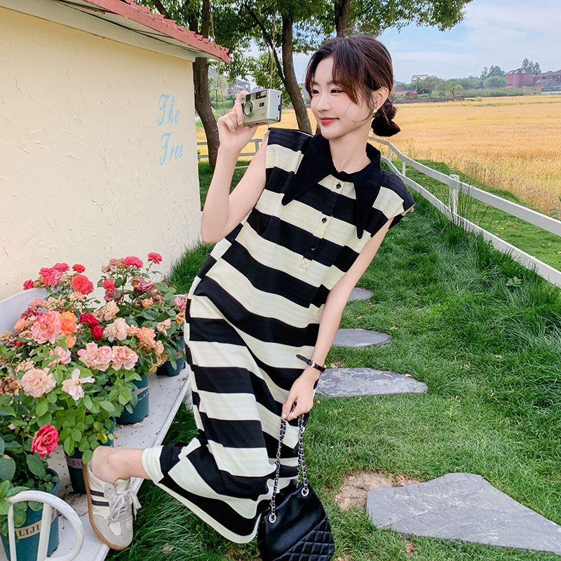 法式气质条纹Polo领连衣裙女2025夏季新款韩版宽松显瘦减龄T恤裙,女装连衣裙,浙宝210（原浙宝191）