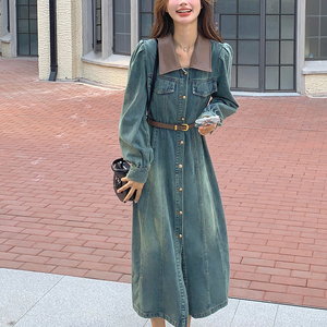 港风复古牛仔连衣裙女春秋2025新款轻熟风高级感气质收腰衬衫长裙图片