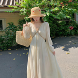 波西米亚风防晒长袖连衣裙女夏超仙法式浪漫V领掐腰显身材度假裙，女装连衣裙，浙宝210（原浙宝191）