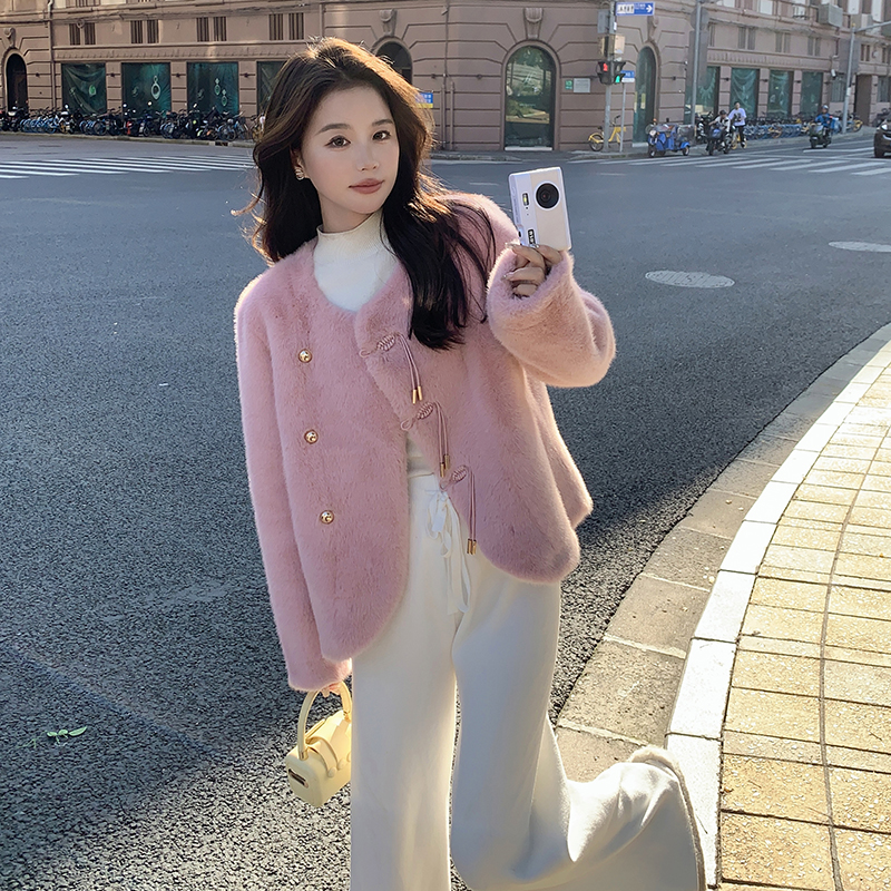 粉色仿水貂毛环保皮草外套女秋冬新款新中式盘扣加厚皮毛一体棉衣，女装短外套，浙宝210（原浙宝191）