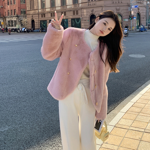 粉色仿水貂毛环保皮草外套女秋冬新款新中式盘扣加厚皮毛一体棉衣图片