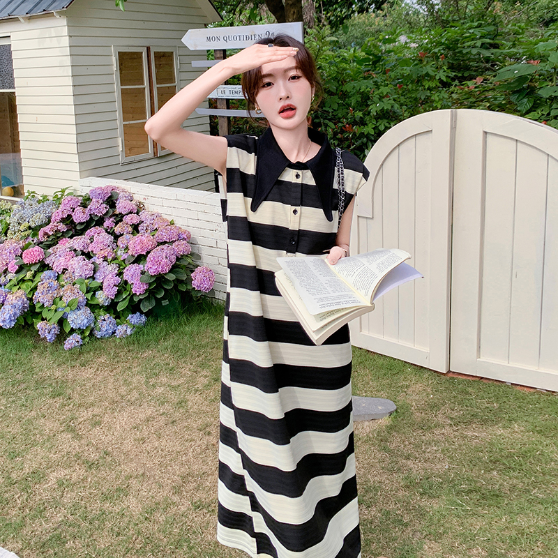 法式气质条纹Polo领连衣裙女2025夏季新款韩版宽松显瘦减龄T恤裙，女装连衣裙，浙宝210（原浙宝191）
