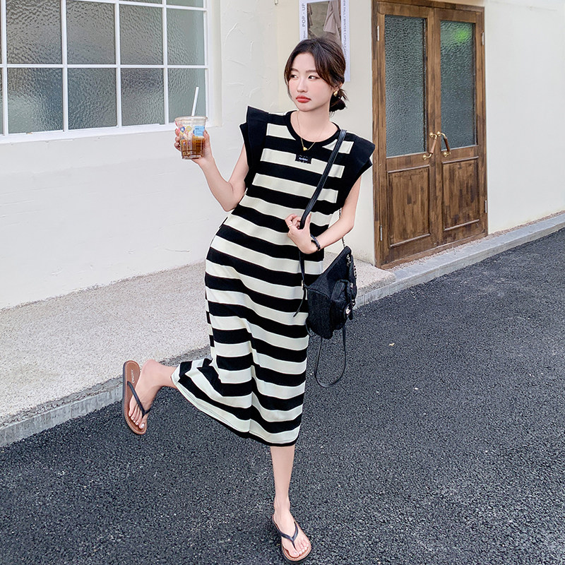 法式减龄小飞袖条纹连衣裙女2025夏季新款韩版宽松显瘦气质长裙子,女装连衣裙,浙宝210（原浙宝191）