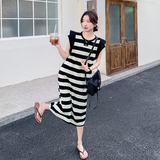 法式减龄小飞袖条纹连衣裙女2025夏季新款韩版宽松显瘦气质长裙子，女装连衣裙，浙宝210（原浙宝191）