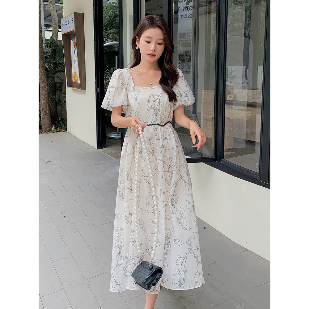 高级感方领泡泡袖薄纱连衣裙女夏2025新款小众设计感印花宽松长裙图片