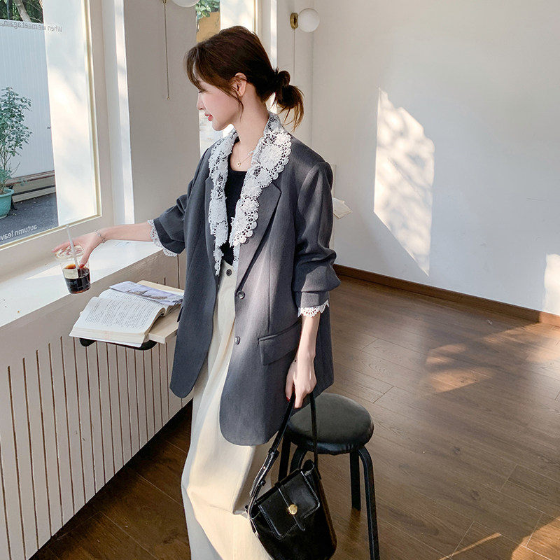 灰色时尚高级感西装外套女2025春季新款韩版宽松蕾丝拼接休闲西服,女装西装,浙宝210（原浙宝191）