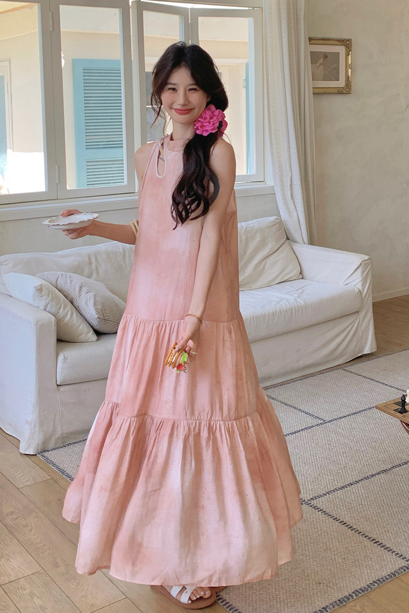 晕染渐变粉色无袖挂脖连衣裙女夏海边度假风法式仙女裙清冷感网红,女装连衣裙,浙宝210（原浙宝191）