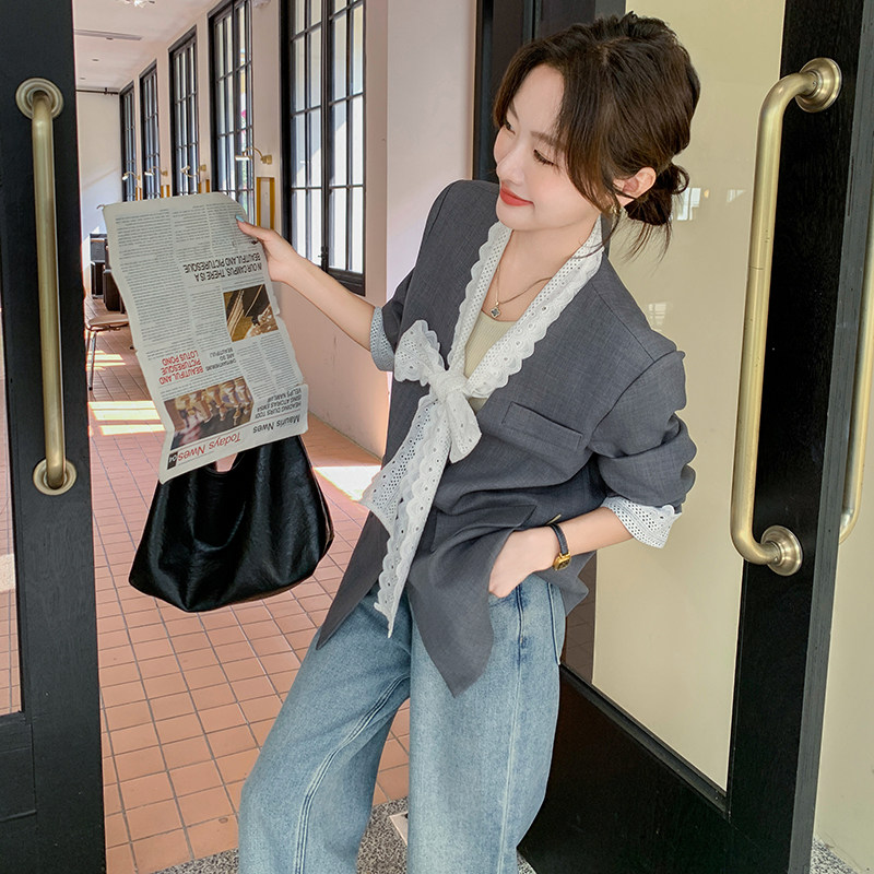 设计感蕾丝蝴蝶结拼接西装外套女春季2025年新款休闲宽松气质西服,商品下架区,浙宝210（原浙宝191）