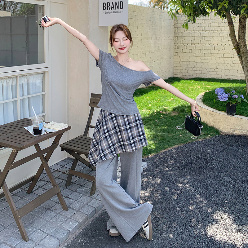 灰色韩版气质时尚套装女2025年夏季新款百搭露肩短袖阔腿裤两件套，女装套装/套裙，浙宝210（原浙宝191）