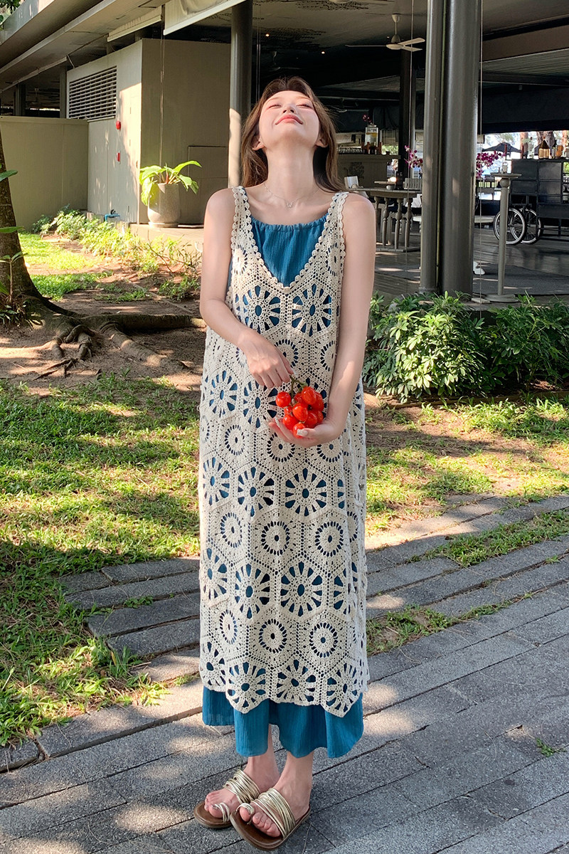 现货209-3233-P155-K228法式度假风连衣裙+高级感镂空勾花罩杉,女装连衣裙,浙宝210（原浙宝191）