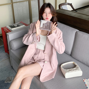 2025春季新款粉色高级感时尚麻料小西装外套女西服短裤子图片