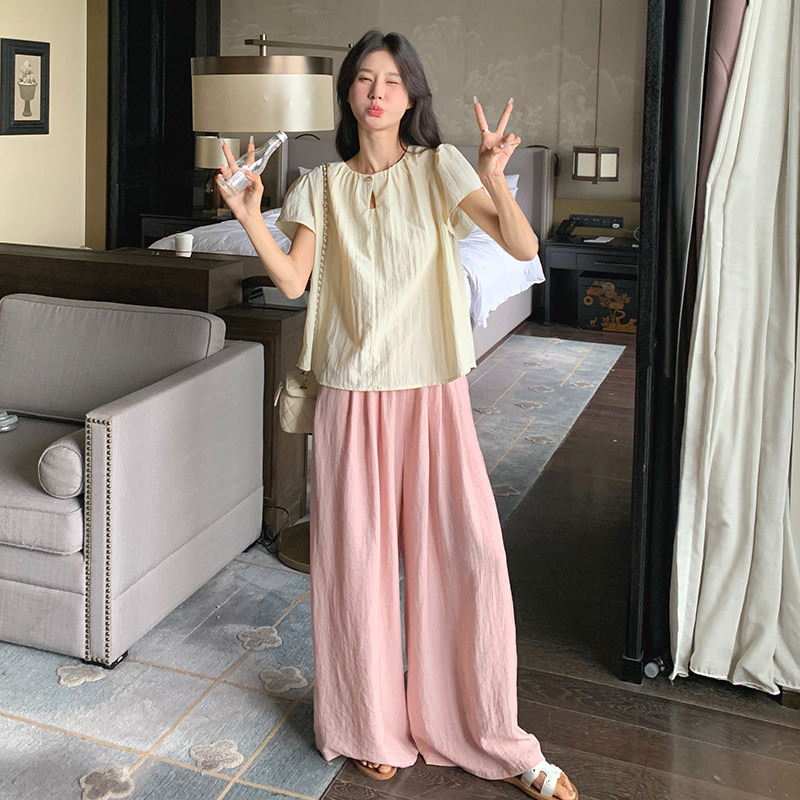 韩系简约圆领小飞袖衬衫套装女夏季2024新款时尚减龄阔腿裤两件套,女装套装/套裙,浙宝210（原浙宝191）
