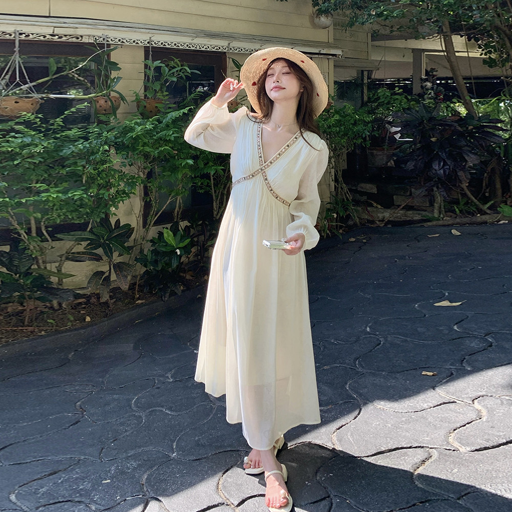 波西米亚风防晒长袖连衣裙女夏超仙法式浪漫V领掐腰显身材度假裙,女装连衣裙,浙宝210（原浙宝191）