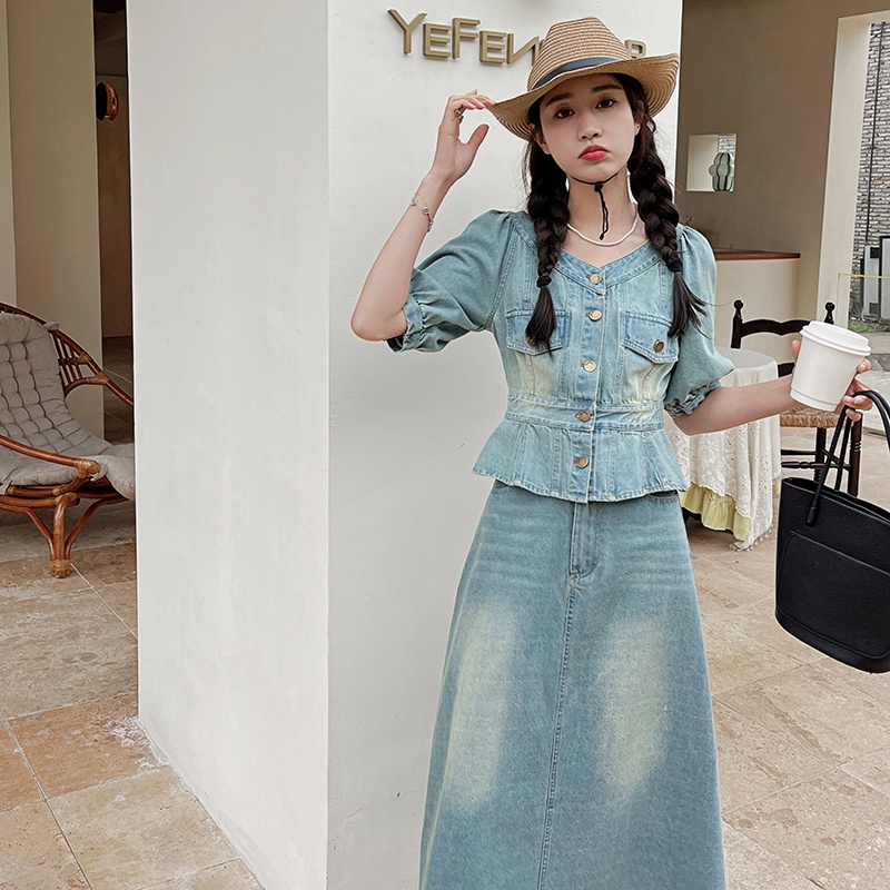 025夏季新款V领泡泡袖上衣＋长款半身裙两件套209-1910-P155-209，女装运动套装，浙宝210（原浙宝191）