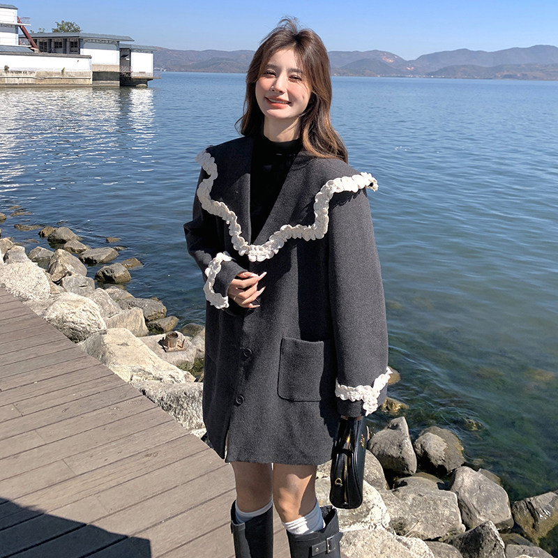 灰色蕾丝花边披肩翻领西装外套女2025新款韩系学院风减龄休闲上衣，女装运动套装，浙宝210（原浙宝191）