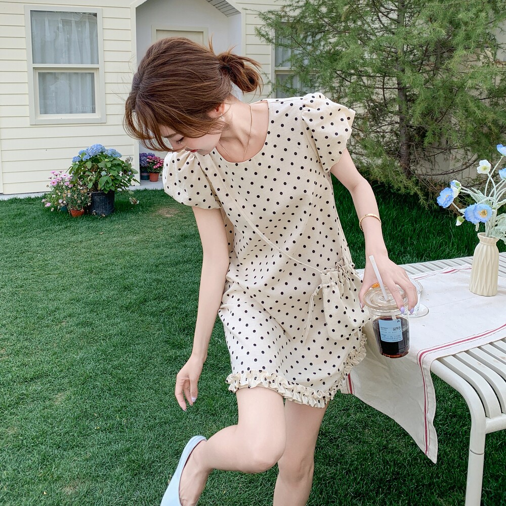 法式波点白色泡泡袖连衣裙女2025夏季新款超好看独特漂亮收腰裙子,女装连衣裙,浙宝210（原浙宝191）