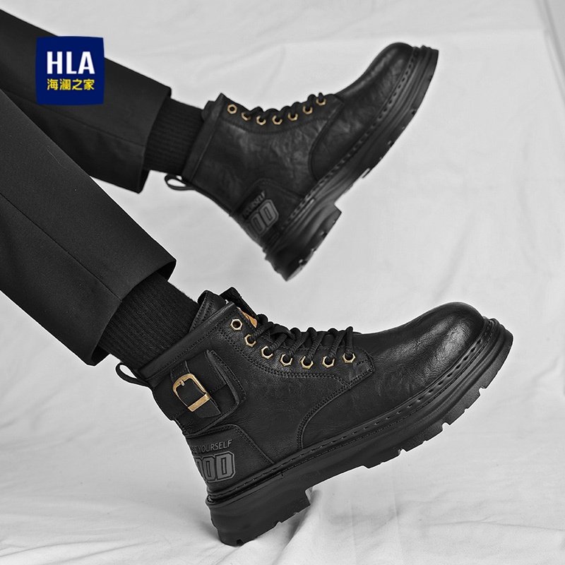 海澜之家痞帅马丁靴子男款2025新款冬季英伦风中帮机车真皮工装鞋
