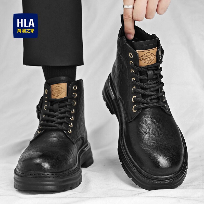 海澜之家马丁靴子男款2025新款冬季机车痞帅中帮皮面英伦风工装鞋