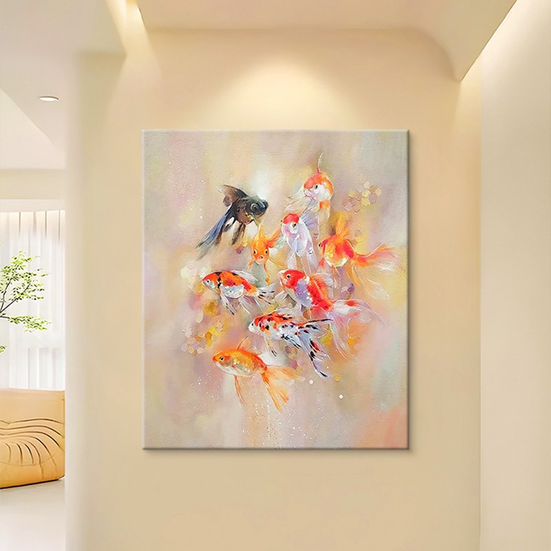 聚财九鱼图肌理手绘油画奶油风客厅装饰画儿童房金鱼背景玄关挂画图片