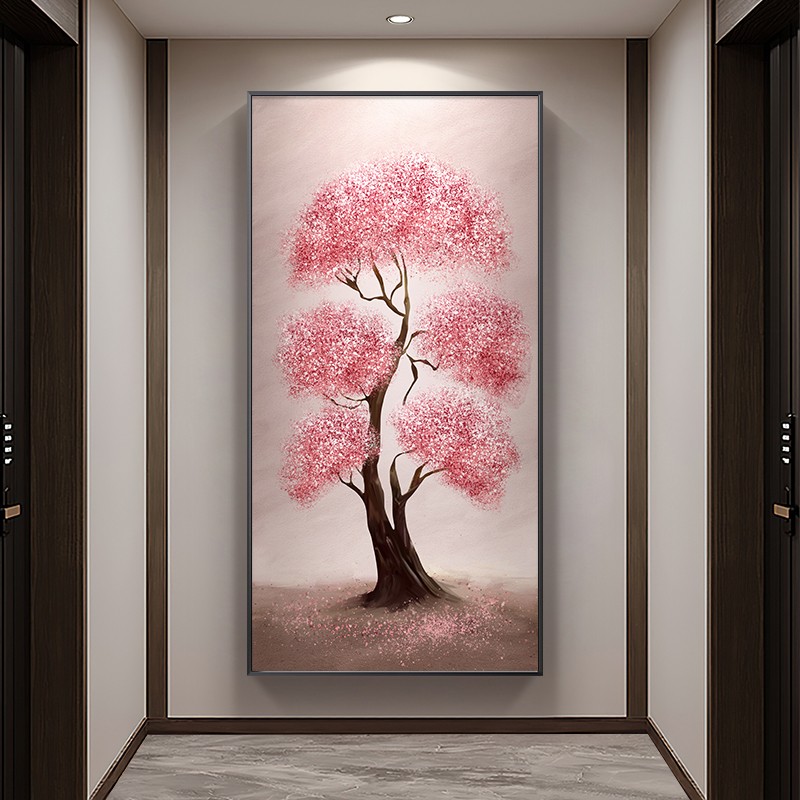 手绘玄关挂画发财树走廊尽头装饰画大芬村油画粉色竖版楼梯间壁画图片