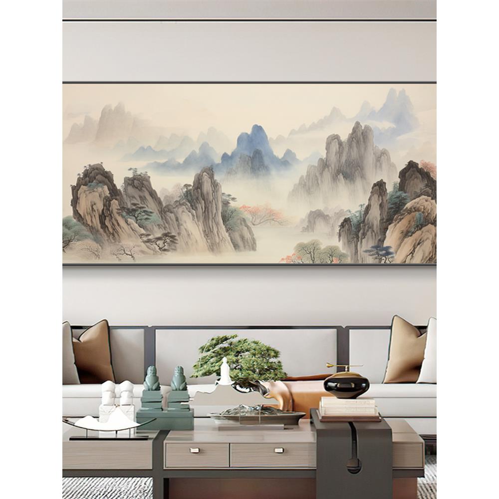 背有靠山图客厅装饰画横版青山常青图有山无水一整幅新中式墙壁画