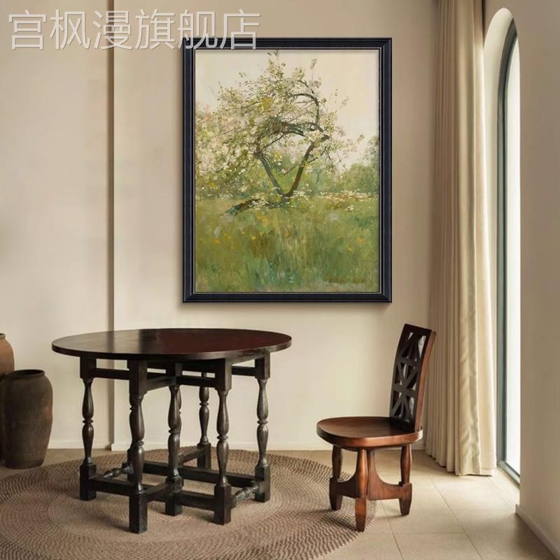 中古风客厅抽象花卉装饰画桃花入户玄关新中式挂画法式复古餐厅画图片