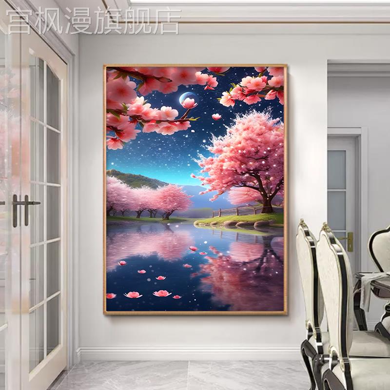 桃花挂画房间卧室床头装饰画桃花林自然山水风景壁画唯美花卉油画图片