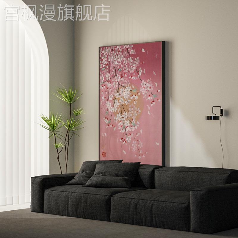 新中式覆古粉色桃花挂画 画法式中国风背景墙玄关挂画 画中式艺术